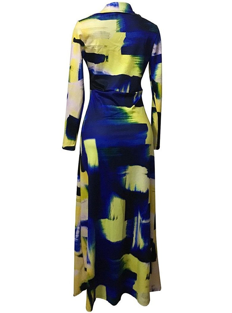 Locryz Women's V Neck 3/4 Sleeve Digital Printed Loose Long Maxi Party Dress with Belt (XL, Blue 1) - Image 4